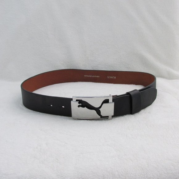 Puma Black Leather Golf-Style Belt Silvertone Cut-Out Logo Buckle Fine Scratches - Picture 2 of 8